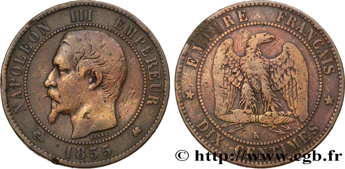 Dix centimes Napoléon III, tête nue 1855 Bordeaux F.133/29 MB 