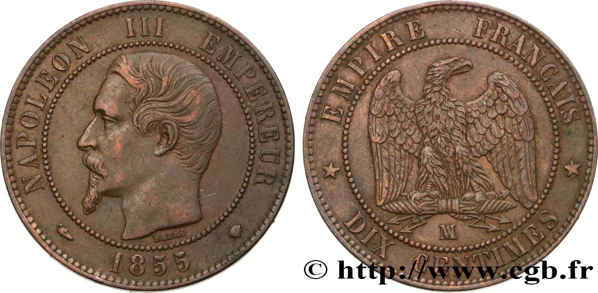 Dix centimes Napoléon III, tête nue, différent levrette 1855 Marseille F.133/30 TTB45 