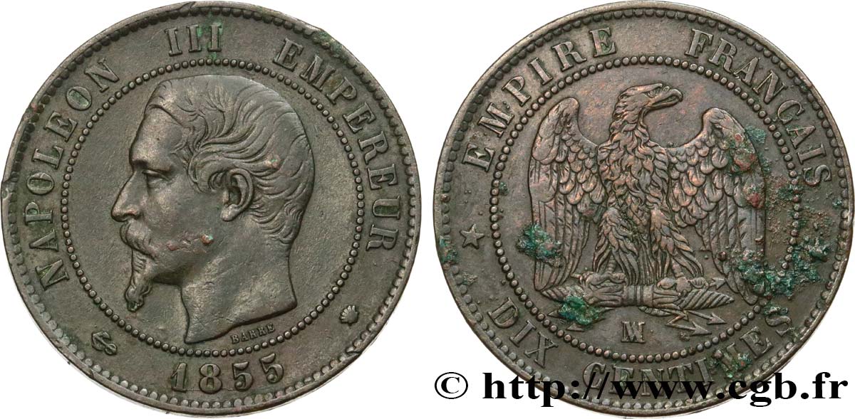 Dix centimes Napoléon III, tête nue 1855 Marseille F.133/31 MBC40 