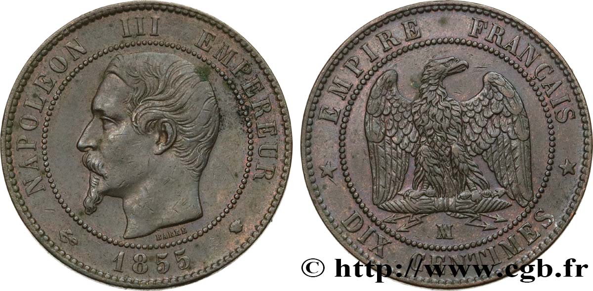 Dix centimes Napoléon III, tête nue 1855 Marseille F.133/31 TTB45 