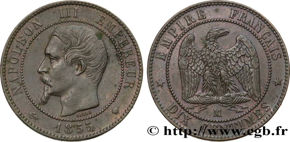 Dix centimes Napoléon III, tête nue 1855 Marseille F.133/31 SS45 