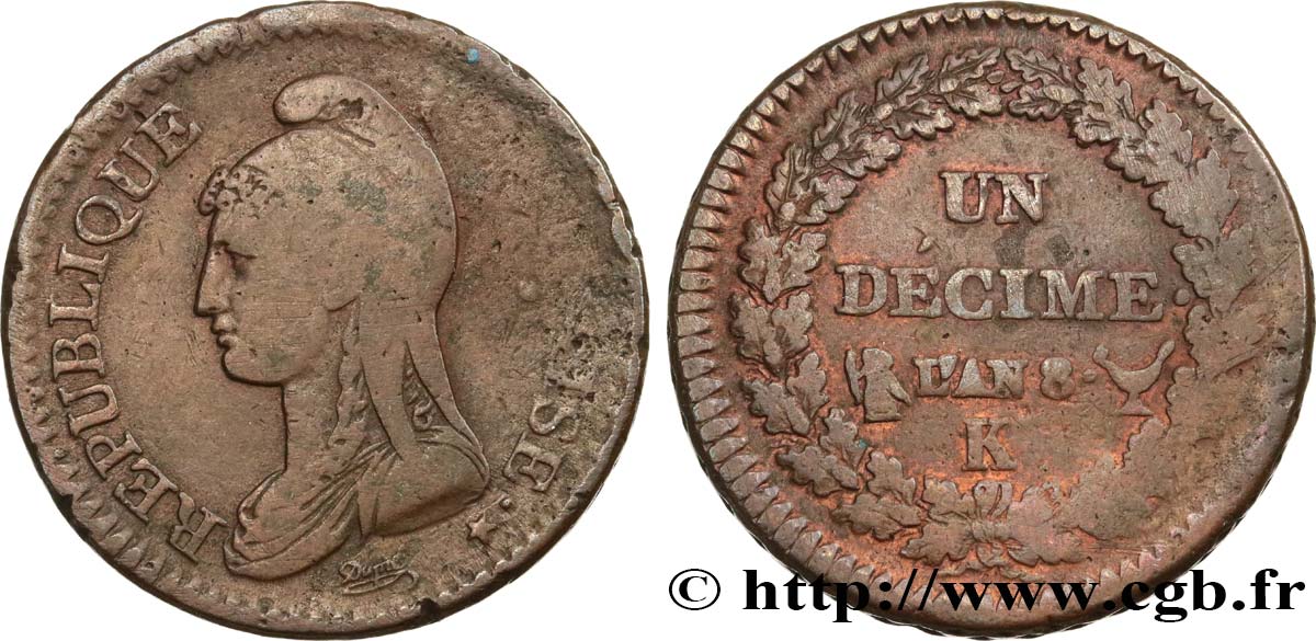 Un décime Dupré, grand module 1800 Bordeaux F.129/70 VF25 