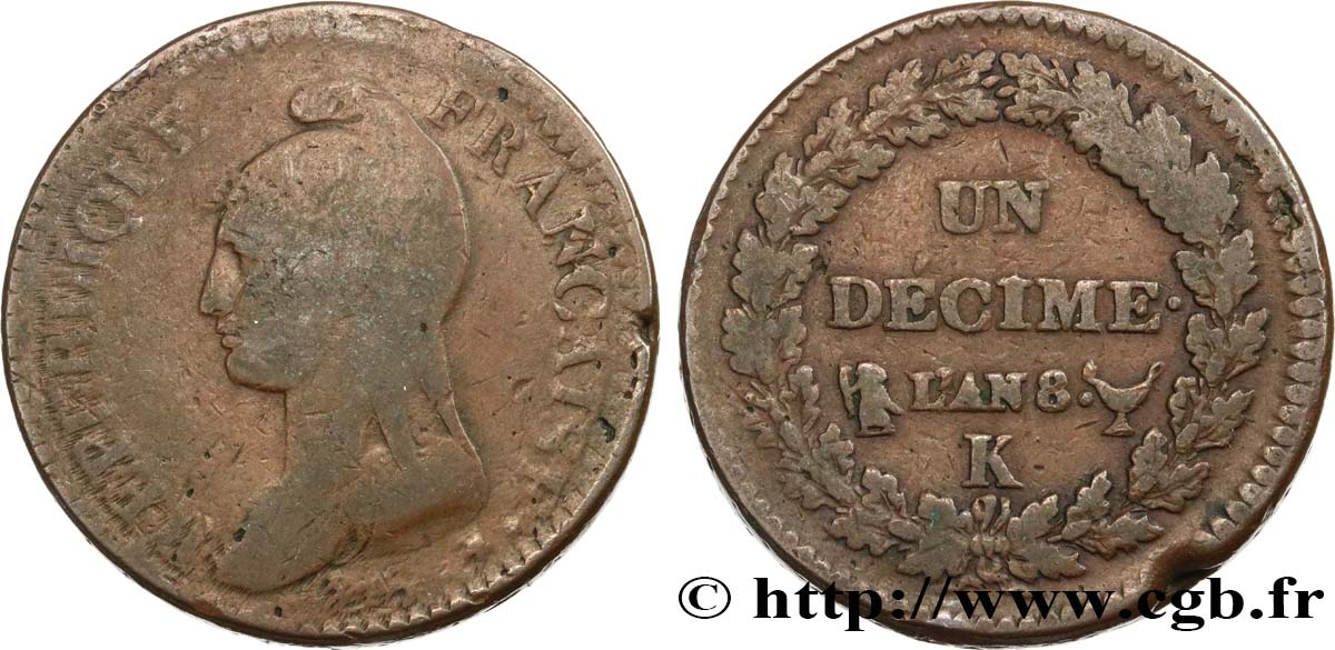 Un décime Dupré, grand module 1800 Bordeaux F.129/70 VF20 