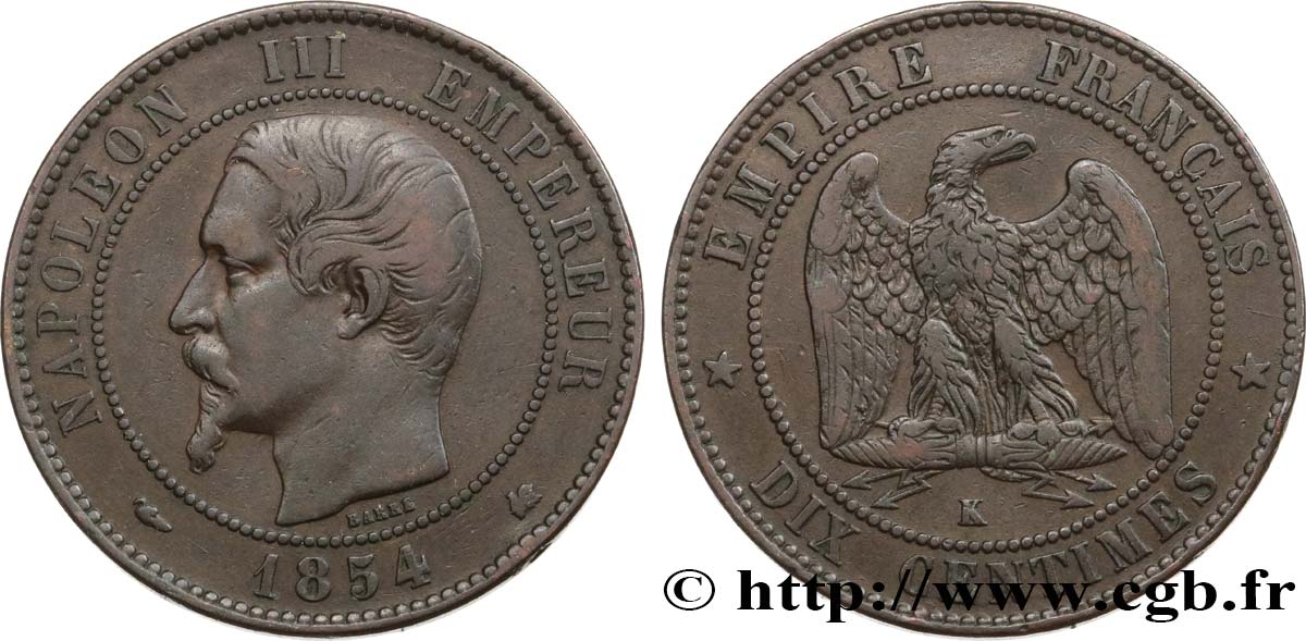 Dix centimes Napoléon III, tête nue 1854 Bordeaux F.133/16 BC35 