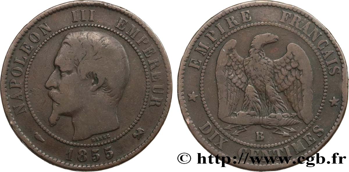 Dix centimes Napoléon III, tête nue 1855 Rouen F.133/21 BC20 