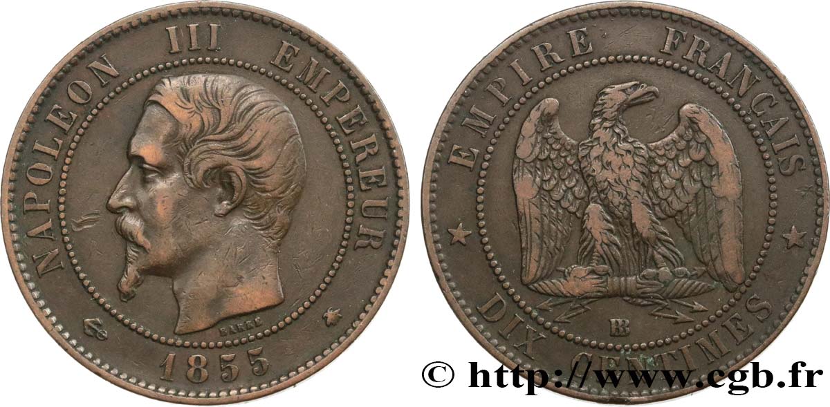 Dix centimes Napoléon III, tête nue 1855 Strasbourg F.133/24 MB35 