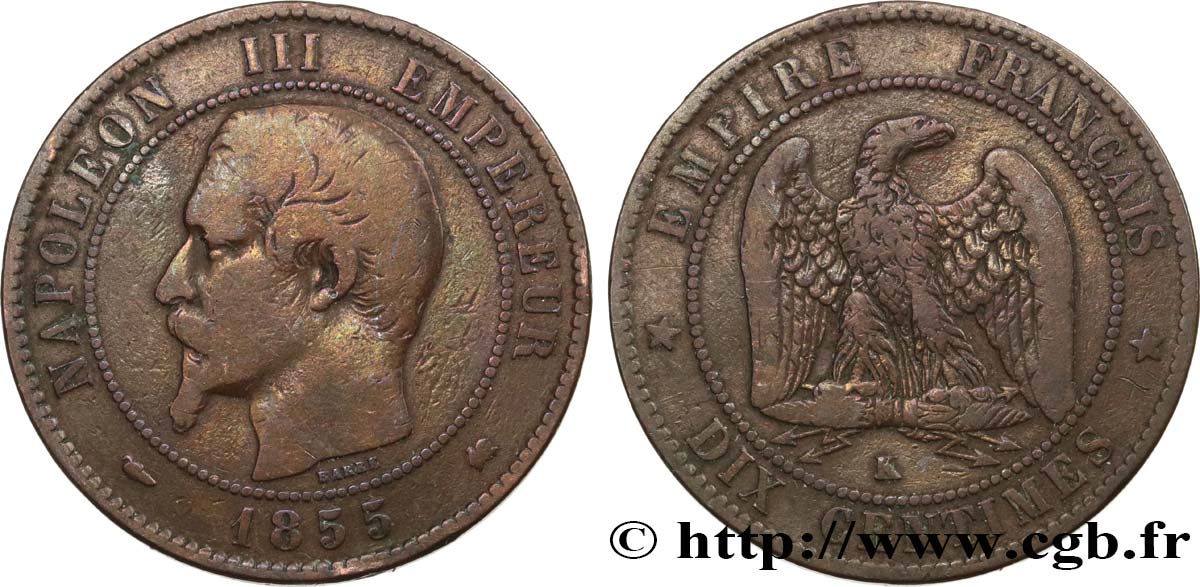 Dix centimes Napoléon III, tête nue 1855 Bordeaux F.133/27 BC15 