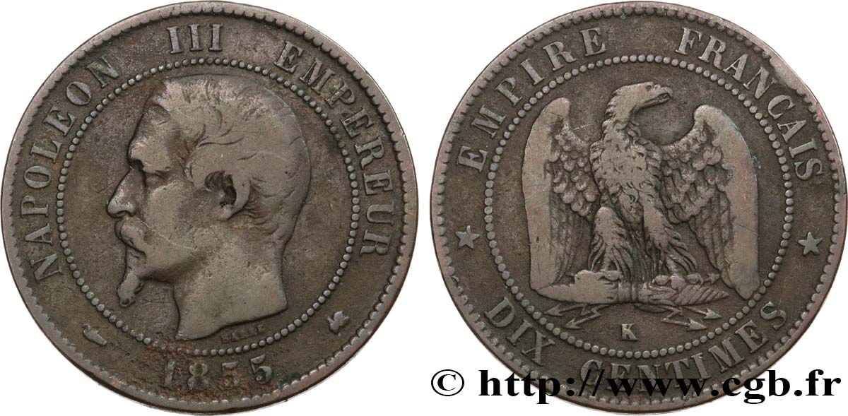 Dix centimes Napoléon III, tête nue 1855 Bordeaux F.133/27 MB15 