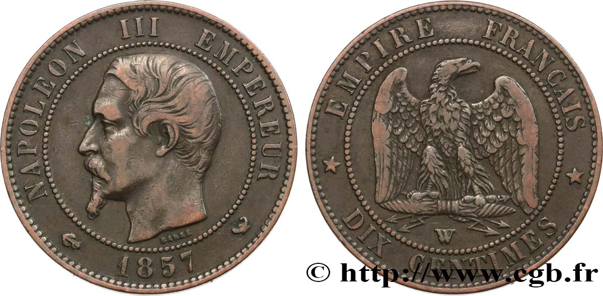 Dix centimes Napoléon III, tête nue 1857 Lille F.133/46 BC+ 