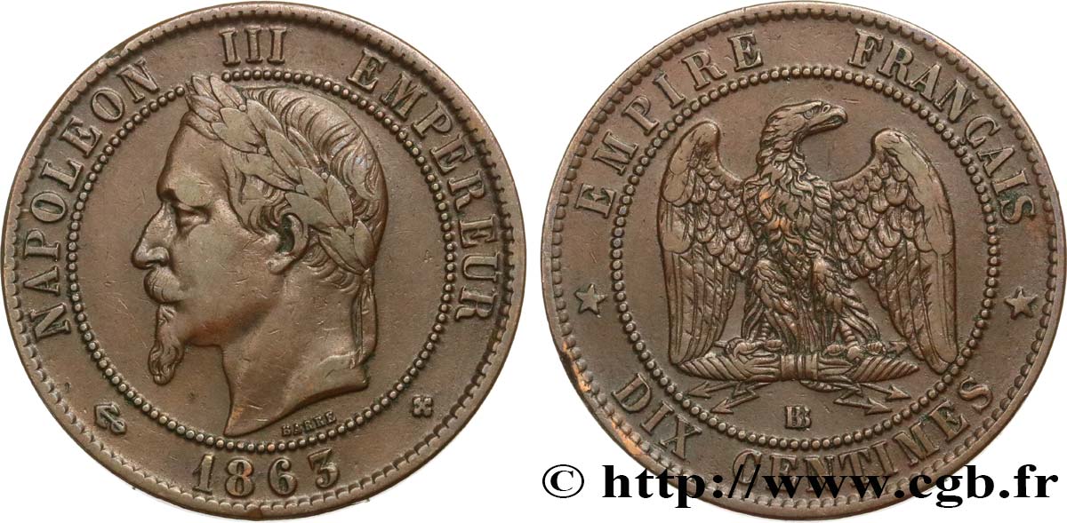 Dix centimes Napoléon III, tête laurée 1863 Strasbourg F.134/11 VF35 