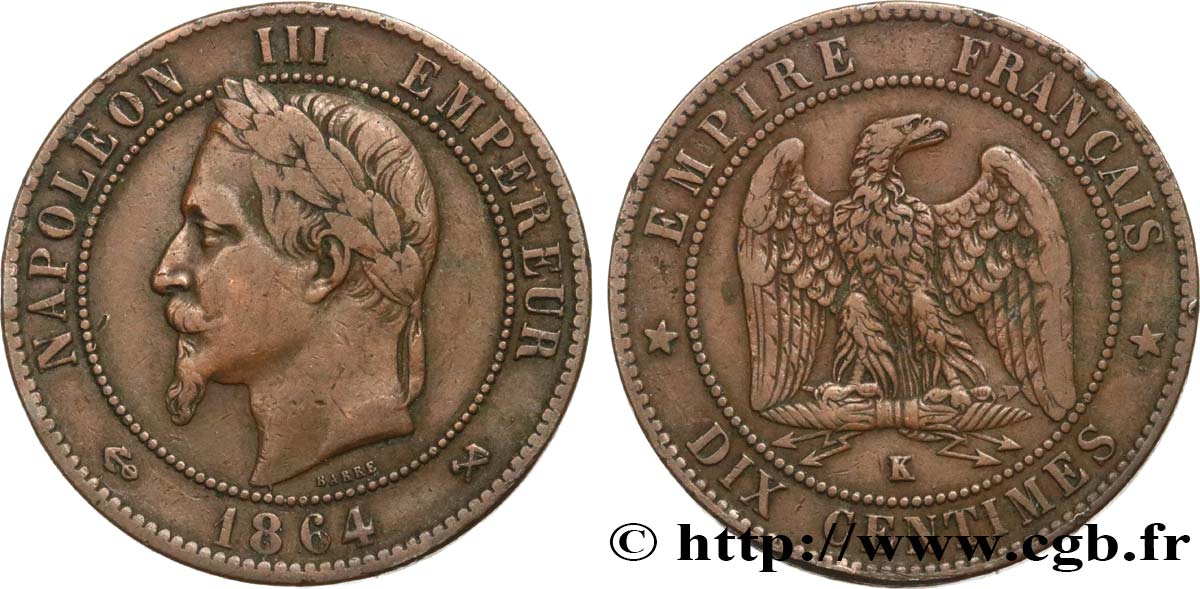 Dix centimes Napoléon III, tête laurée 1864 Bordeaux F.134/15 BC35 