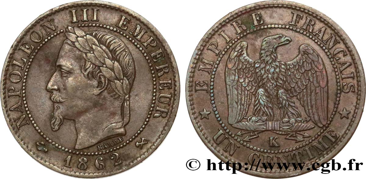 Un centime Napoléon III, tête laurée 1862 Bordeaux F.103/7 MBC45 