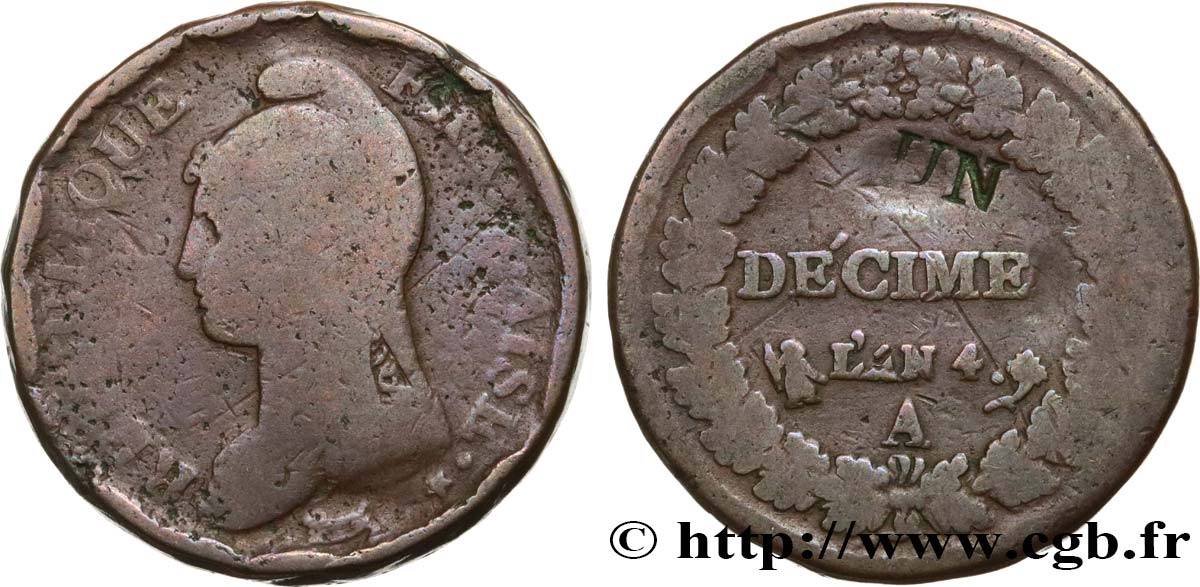 Un décime Dupré, modification du 2 décimes 1796 Paris F.127/1 B12 