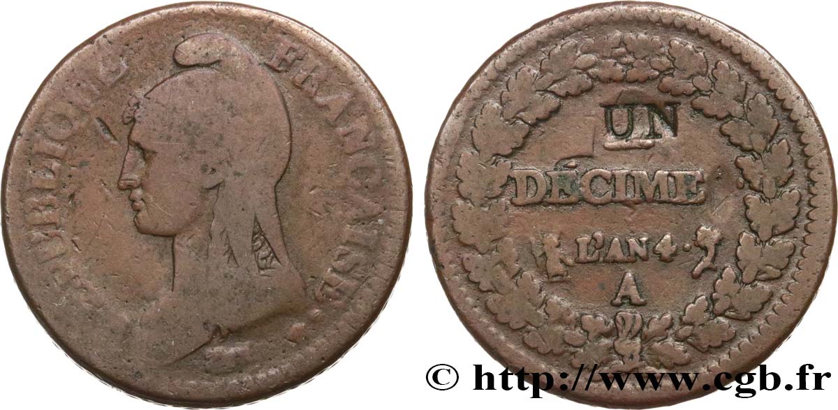 Un décime Dupré, modification du 2 décimes 1796 Paris F.127/1 MB15 