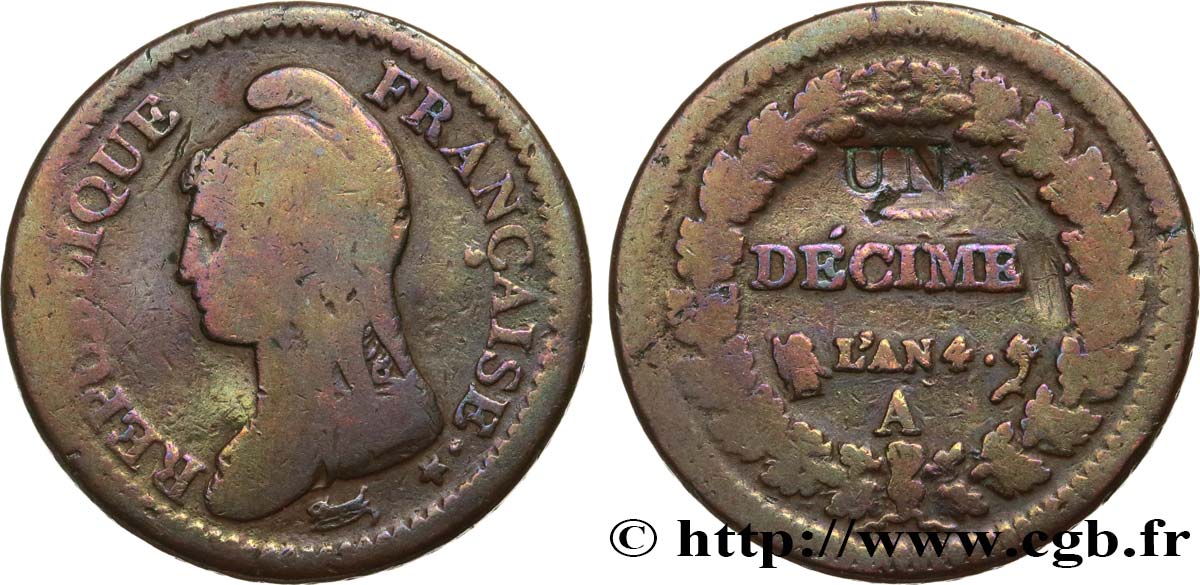 Un décime Dupré, modification du 2 décimes 1796 Paris F.127/1 RC+ 