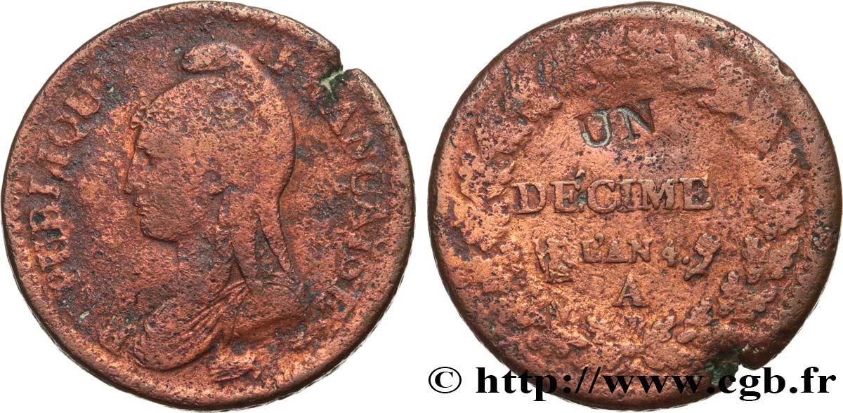 Un décime Dupré, modification du 2 décimes 1796 Paris F.127/1 MB 