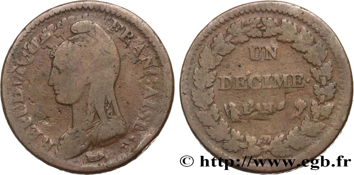 Un décime Dupré, grand module,  refrappage  du 2 décimes 1797 Paris F.128/1 TB15 