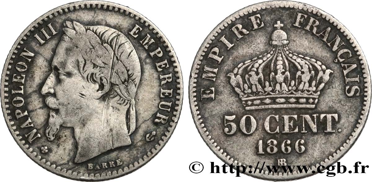50 centimes Napoléon III, tête laurée 1866 Strasbourg F.188/10 TB25 