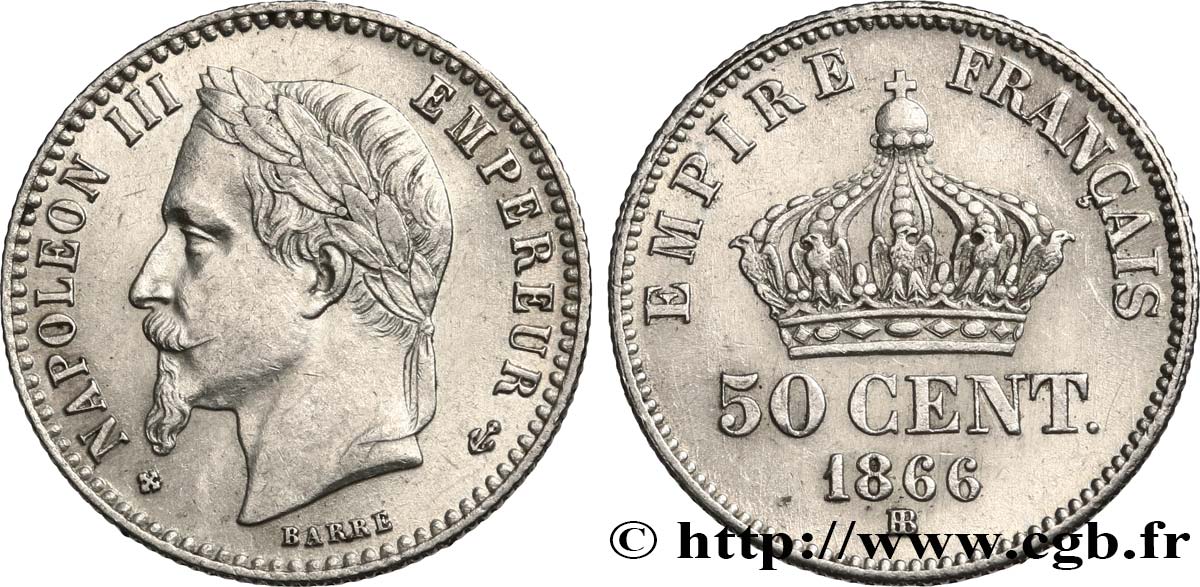 50 centimes Napoléon III, tête laurée 1866 Strasbourg F.188/10 AU58 
