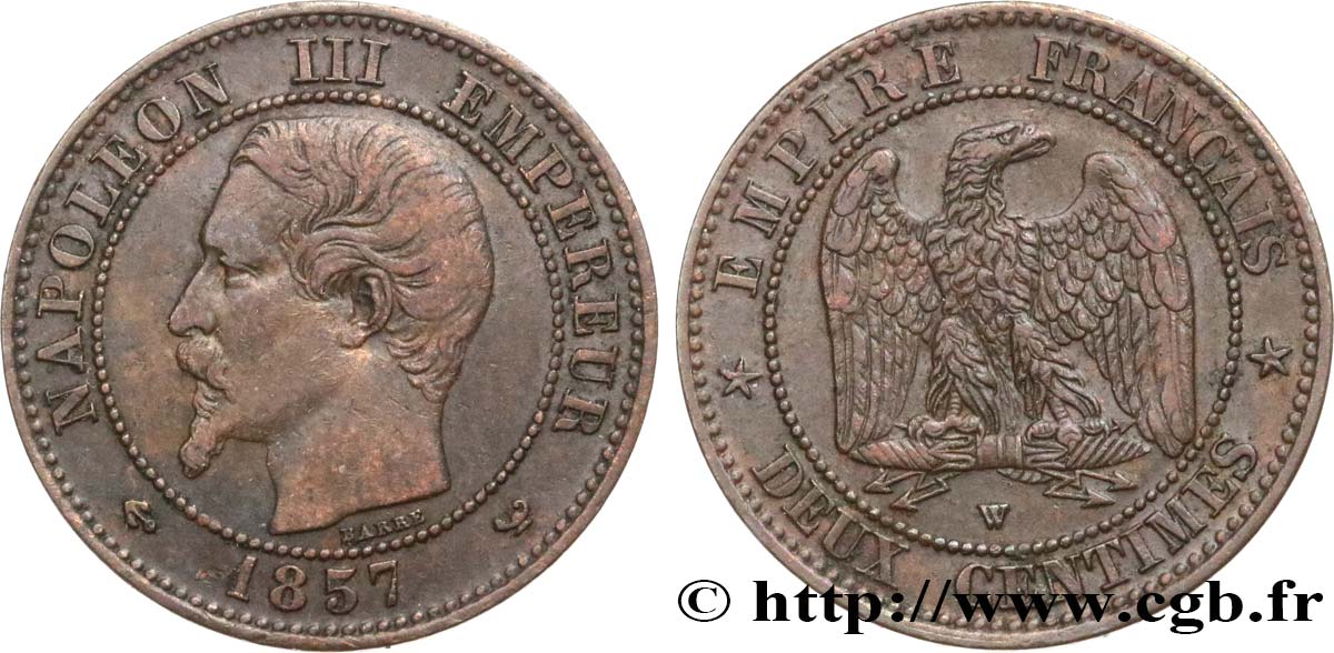 Deux centimes Napoléon III, tête nue 1857 Lille F.107/51 MBC45 
