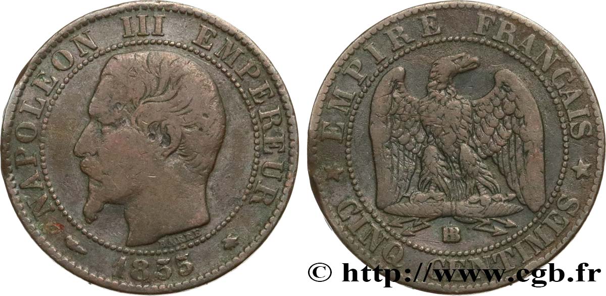 Cinq centimes Napoléon III, tête nue 1855 Strasbourg F.116/20 S20 