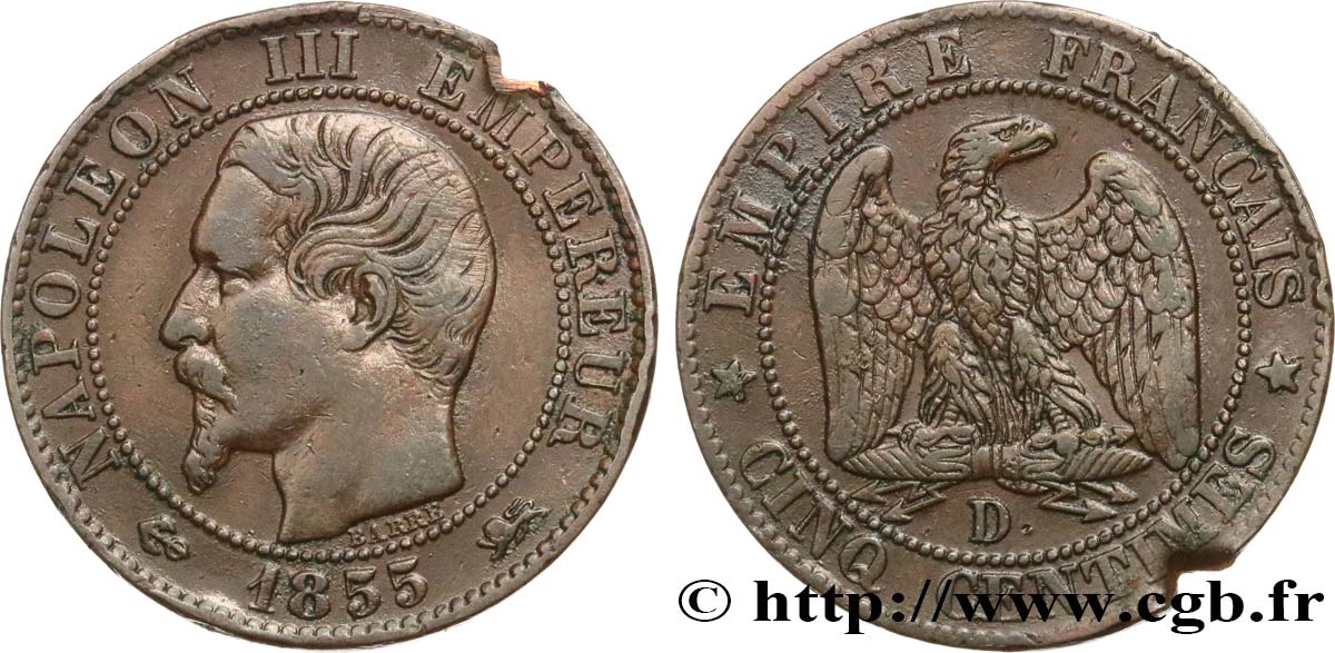 Cinq centimes Napoléon III, tête nue 1855 Lyon F.116/23 BC 