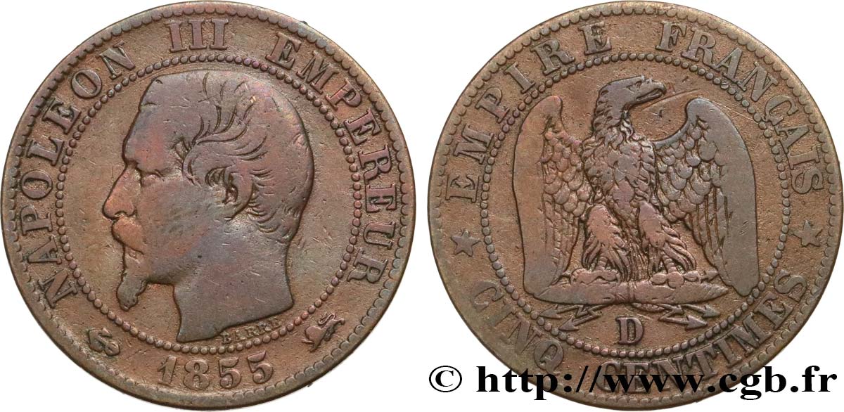 Cinq centimes Napoléon III, tête nue 1855 Lyon F.116/23 TB20 