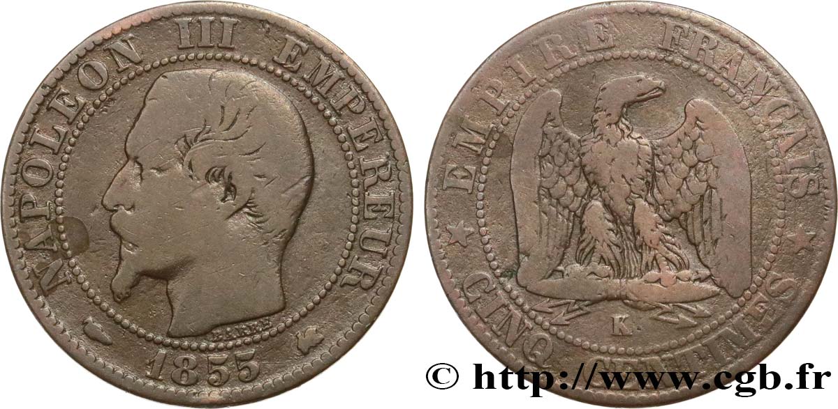 Cinq centimes Napoléon III, tête nue 1855 Bordeaux F.116/24 B12 