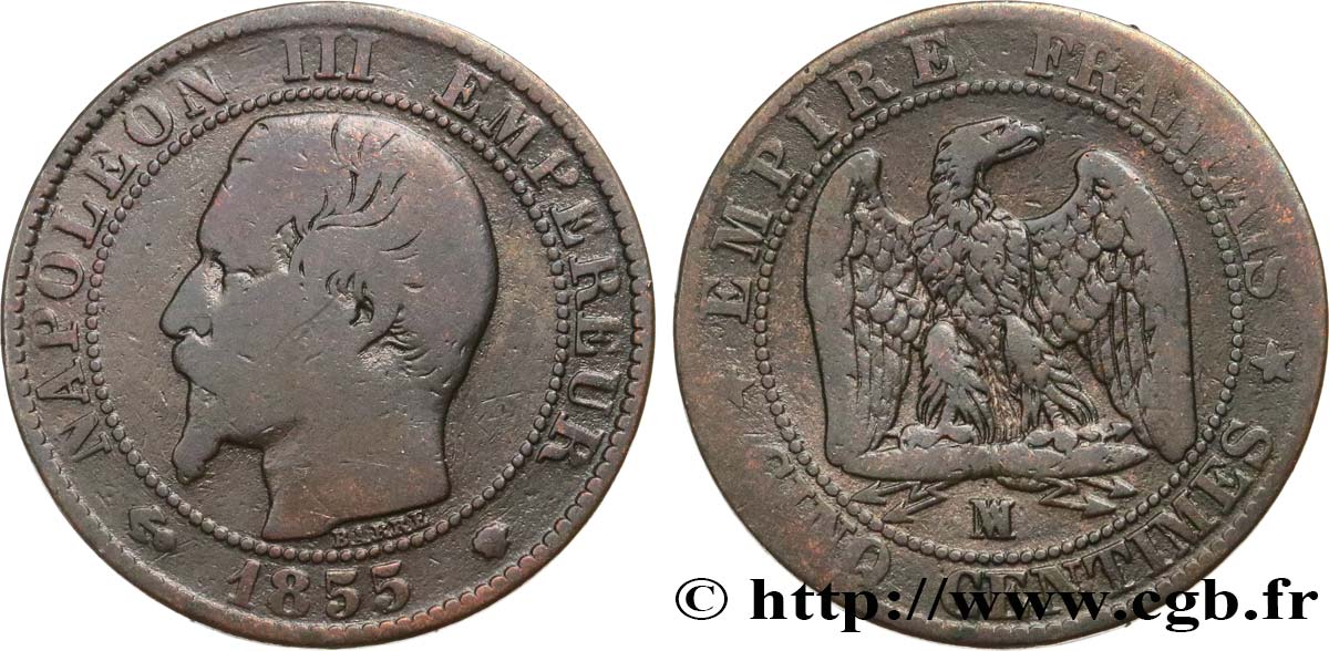 Cinq centimes Napoléon III, tête nue 1855 Marseille F.116/27 TB15 