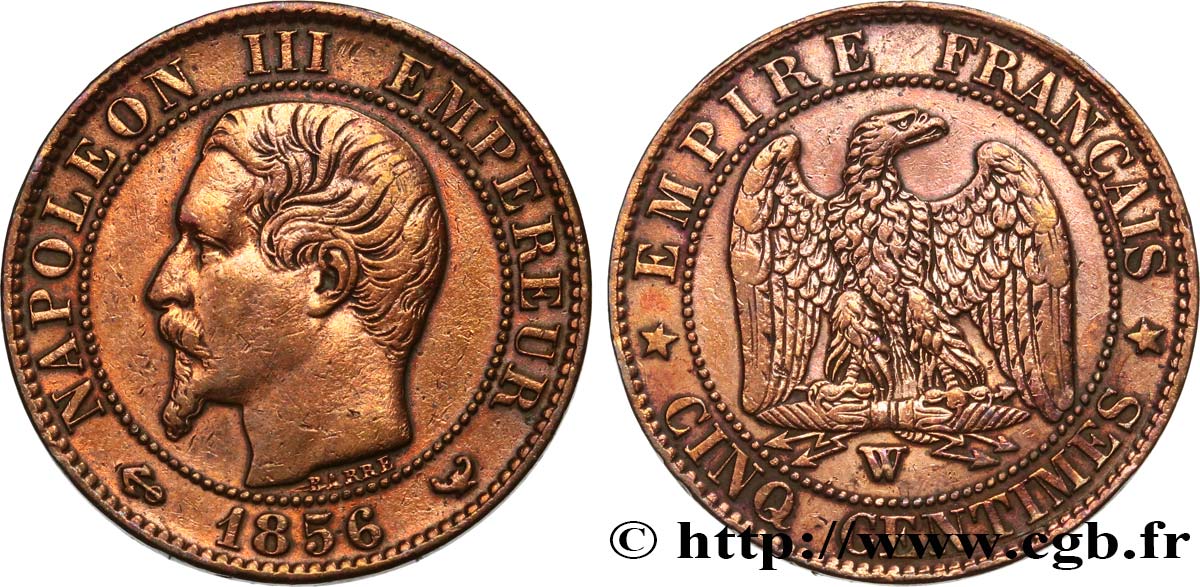 Cinq centimes Napoléon III, tête nue 1856 Lille F.116/36 MBC 