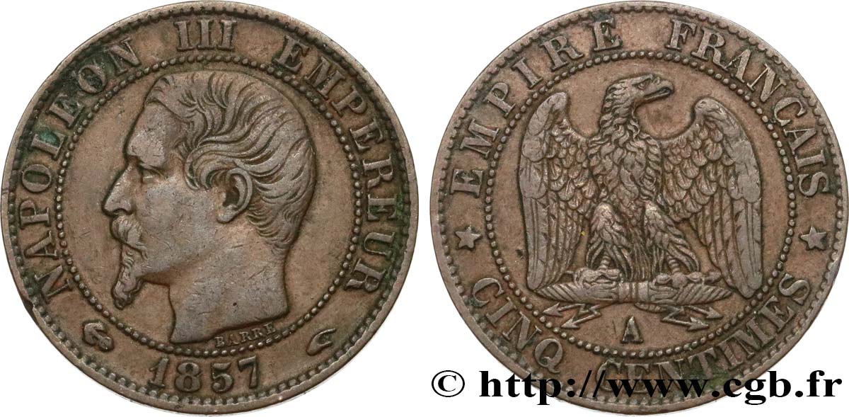 Cinq centimes Napoléon III, tête nue 1857 Paris F.116/37 VF35 