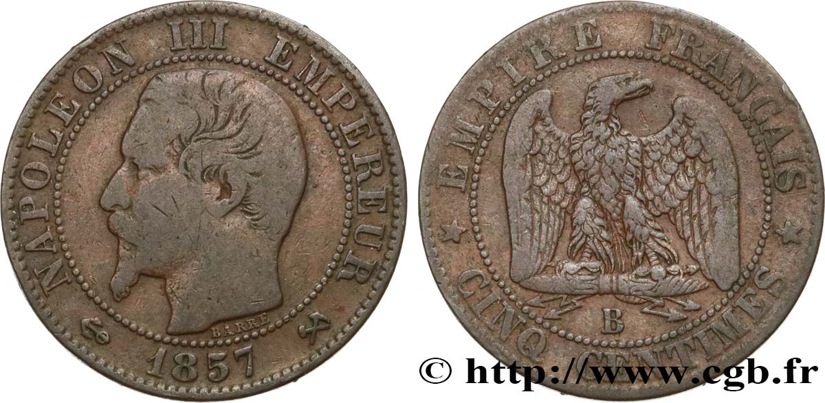 Cinq centimes Napoléon III, tête nue 1857 Rouen F.116/38 BC15 