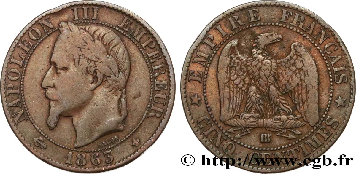 Cinq centimes Napoléon III, tête laurée 1863 Strasbourg F.117/11 BC 