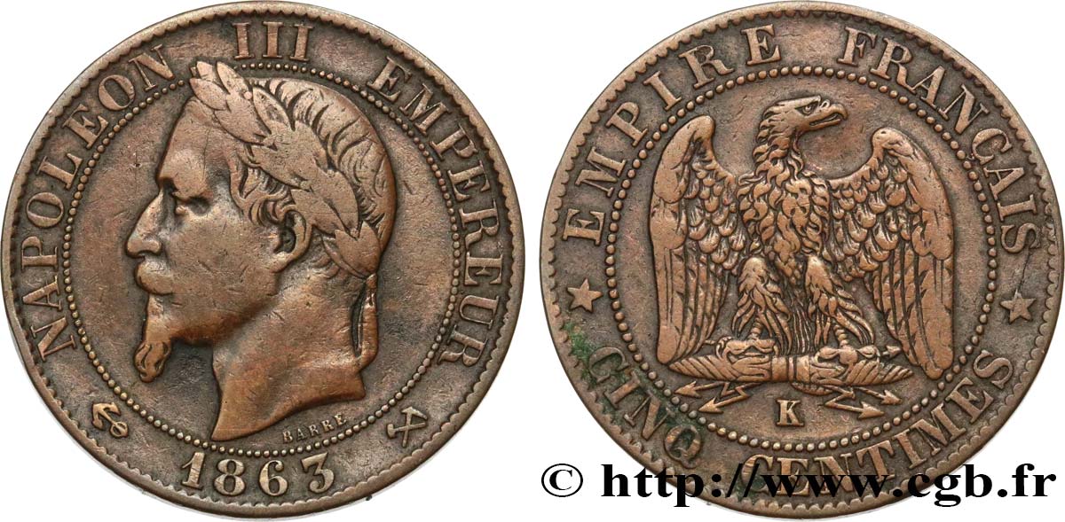 Cinq centimes Napoléon III, tête laurée 1863 Bordeaux F.117/12 S30 