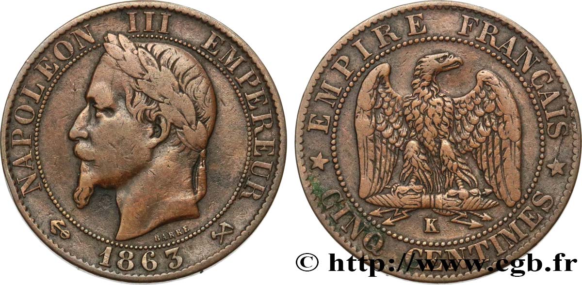 Cinq centimes Napoléon III, tête laurée 1863 Bordeaux F.117/12 TB30 