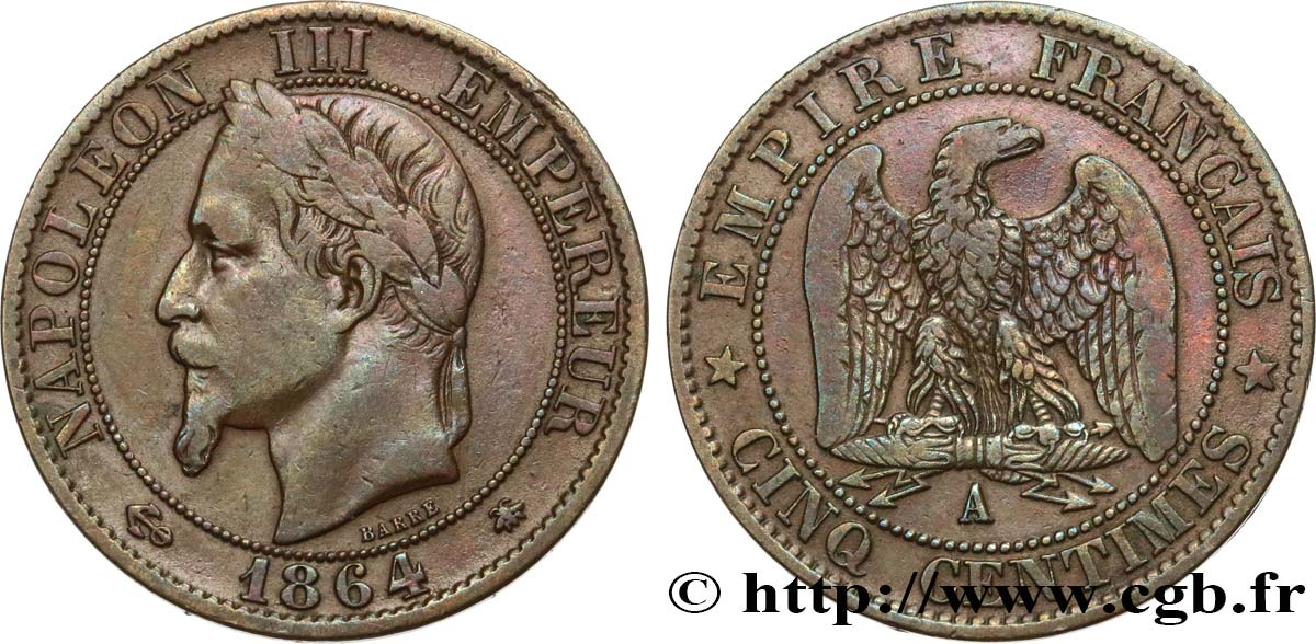 Cinq centimes Napoléon III, tête laurée 1864 Paris F.117/13 TB35 