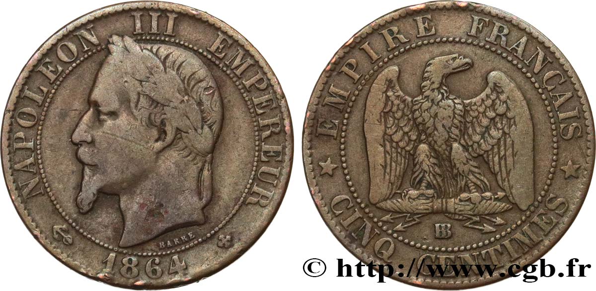 Cinq centimes Napoléon III, tête laurée 1865 Strasbourg F.117/17 VF20 
