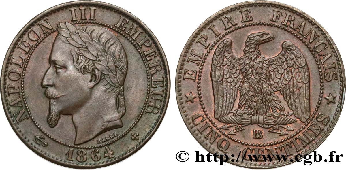 Cinq centimes Napoléon III, tête laurée 1864 Strasbourg F.117/14 EBC58 