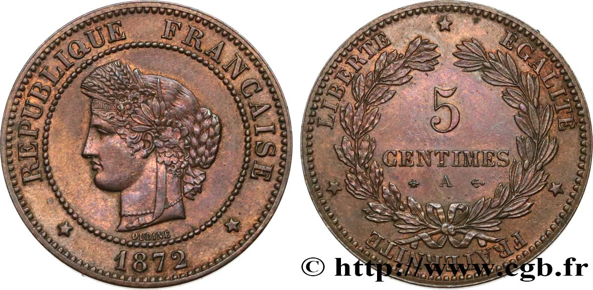 5 centimes Cérès 1872 Paris F.118/4 AU55 ANACS