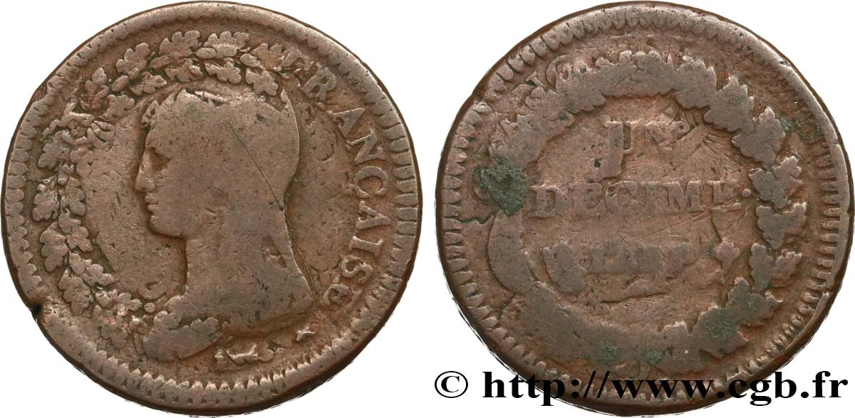 Un décime Dupré, grand module, &nbsp;refrappage&nbsp; du 2 décimes 1797 Paris F.128/1 RC10 