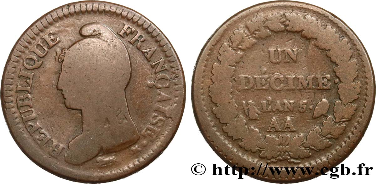 Un décime Dupré, grand module, &nbsp;refrappage&nbsp; du 2 décimes 1797 Metz F.128/4 B10 