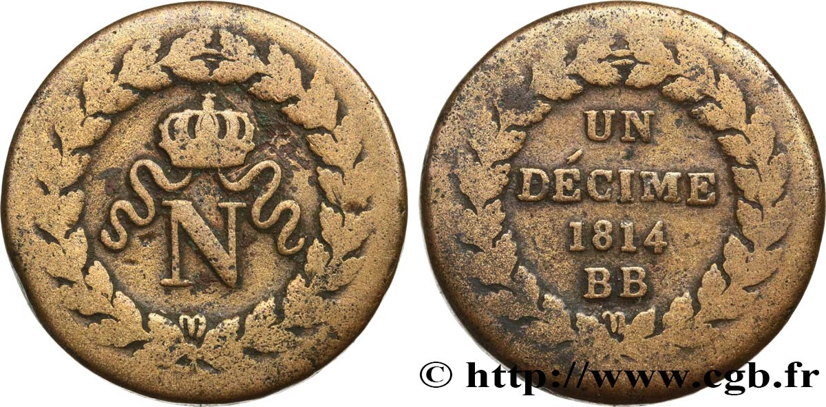 Un décime à l’N couronnée 1814 Strasbourg F.131/1 MB15 