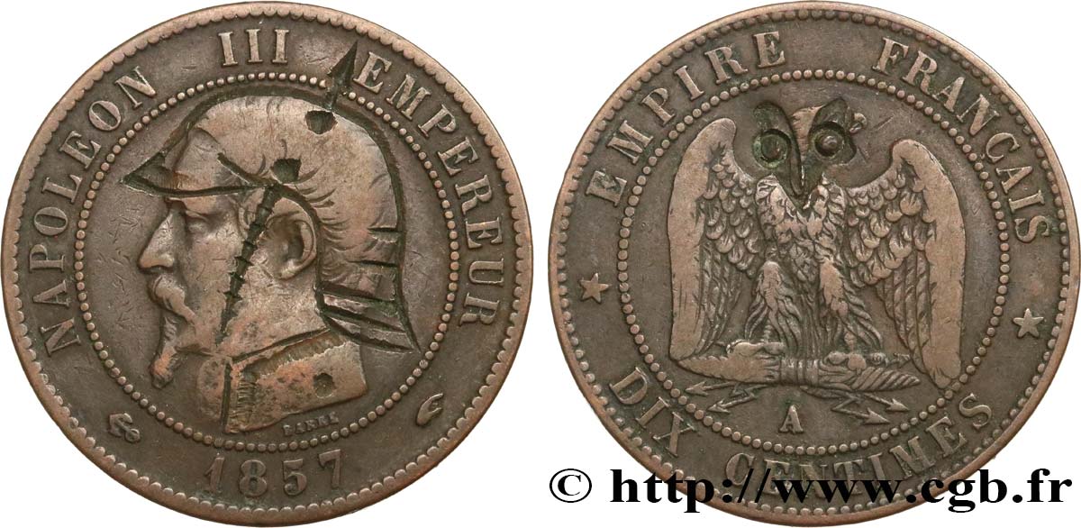 Dix centimes Napoléon III, tête nue, satirique 1857 Paris F.133/41 var. TB 