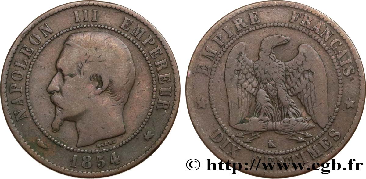 Dix centimes Napoléon III, tête nue 1854 Bordeaux F.133/16 BC15 