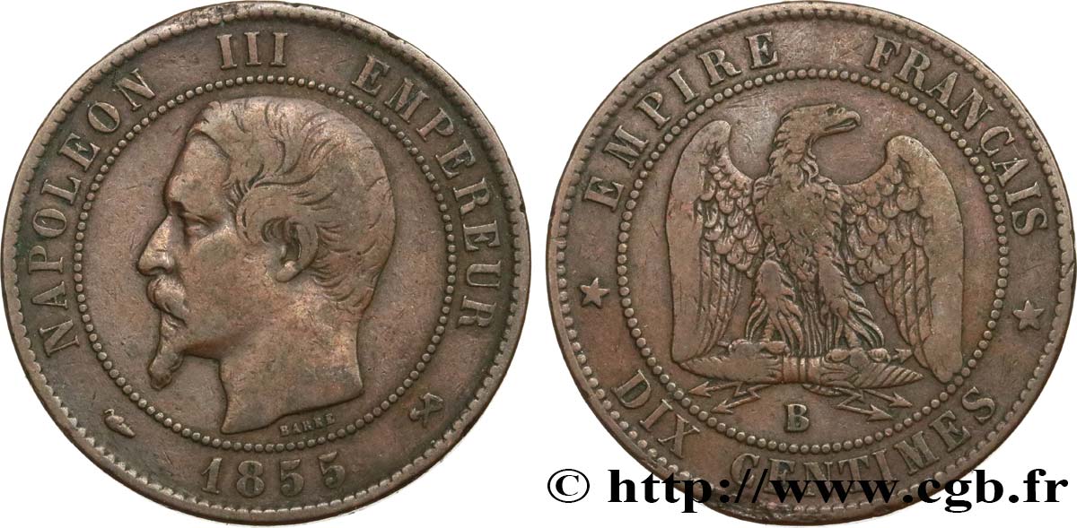 Dix centimes Napoléon III, tête nue 1855 Rouen F.133/21 TB25 
