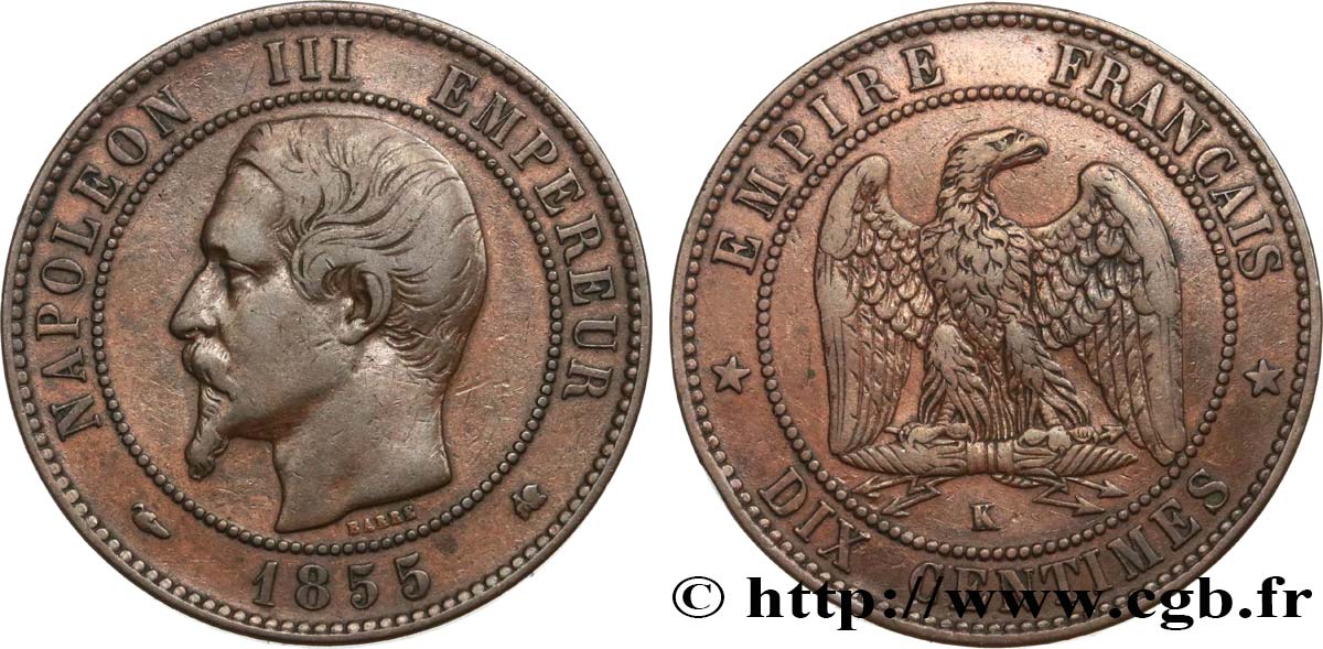 Dix centimes Napoléon III, tête nue 1855 Bordeaux F.133/27 BB40 