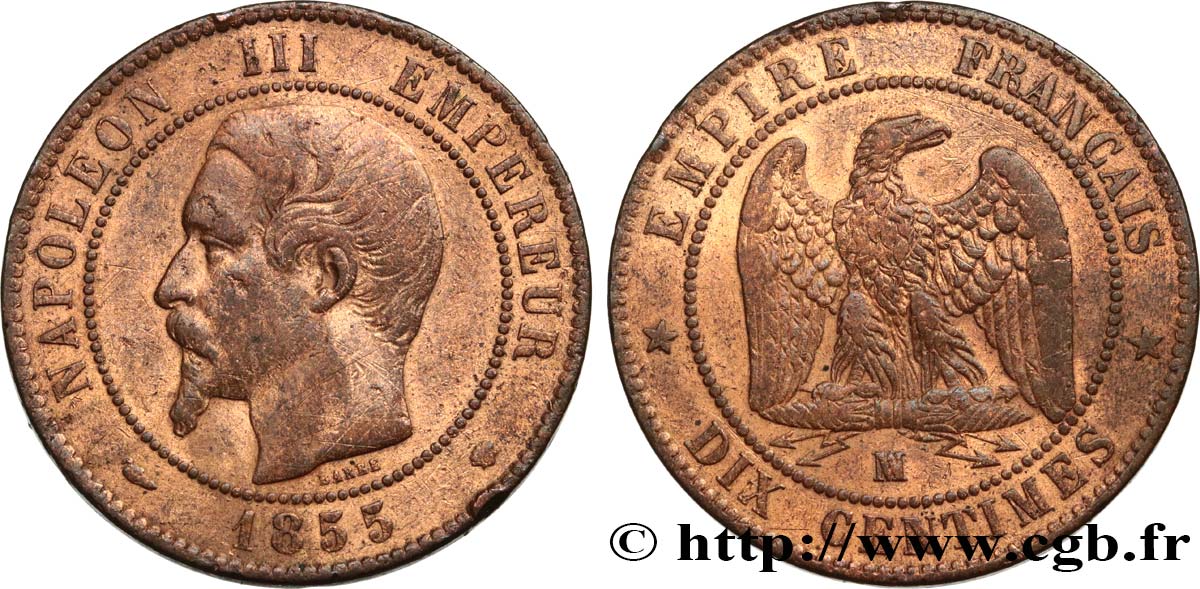 Dix centimes Napoléon III, tête nue, différent levrette 1855 Marseille F.133/30 VF 