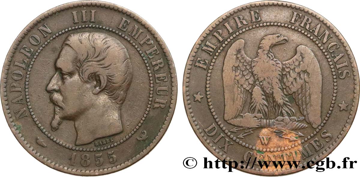 Dix centimes Napoléon III, tête nue 1855 Lille F.133/32 TB20 