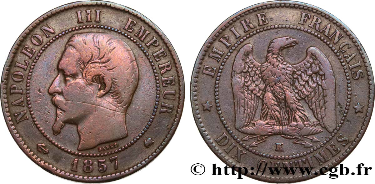 Dix centimes Napoléon III, tête nue 1857 Bordeaux F.133/44 VF 