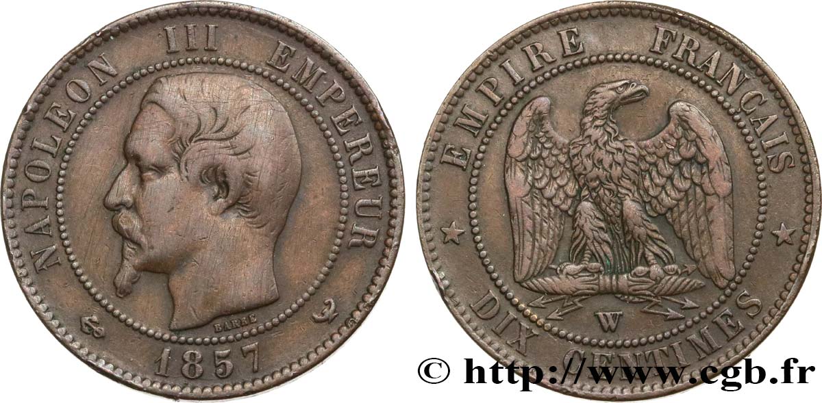 Dix centimes Napoléon III, tête nue 1857 Lille F.133/46 TB 